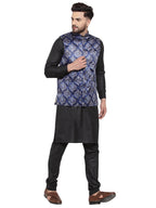 Jompers Men's Solid Cotton Kurta Pajama with Printed Waistcoat (Blue-B) | Grocsy
