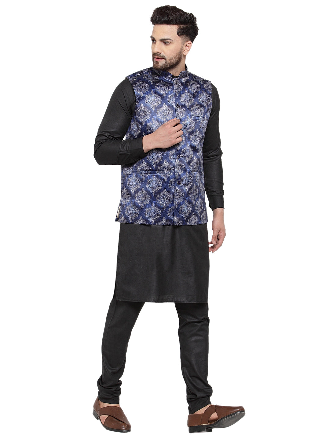 Jompers Men's Solid Cotton Kurta Pajama with Printed Waistcoat (Blue-B) | Grocsy