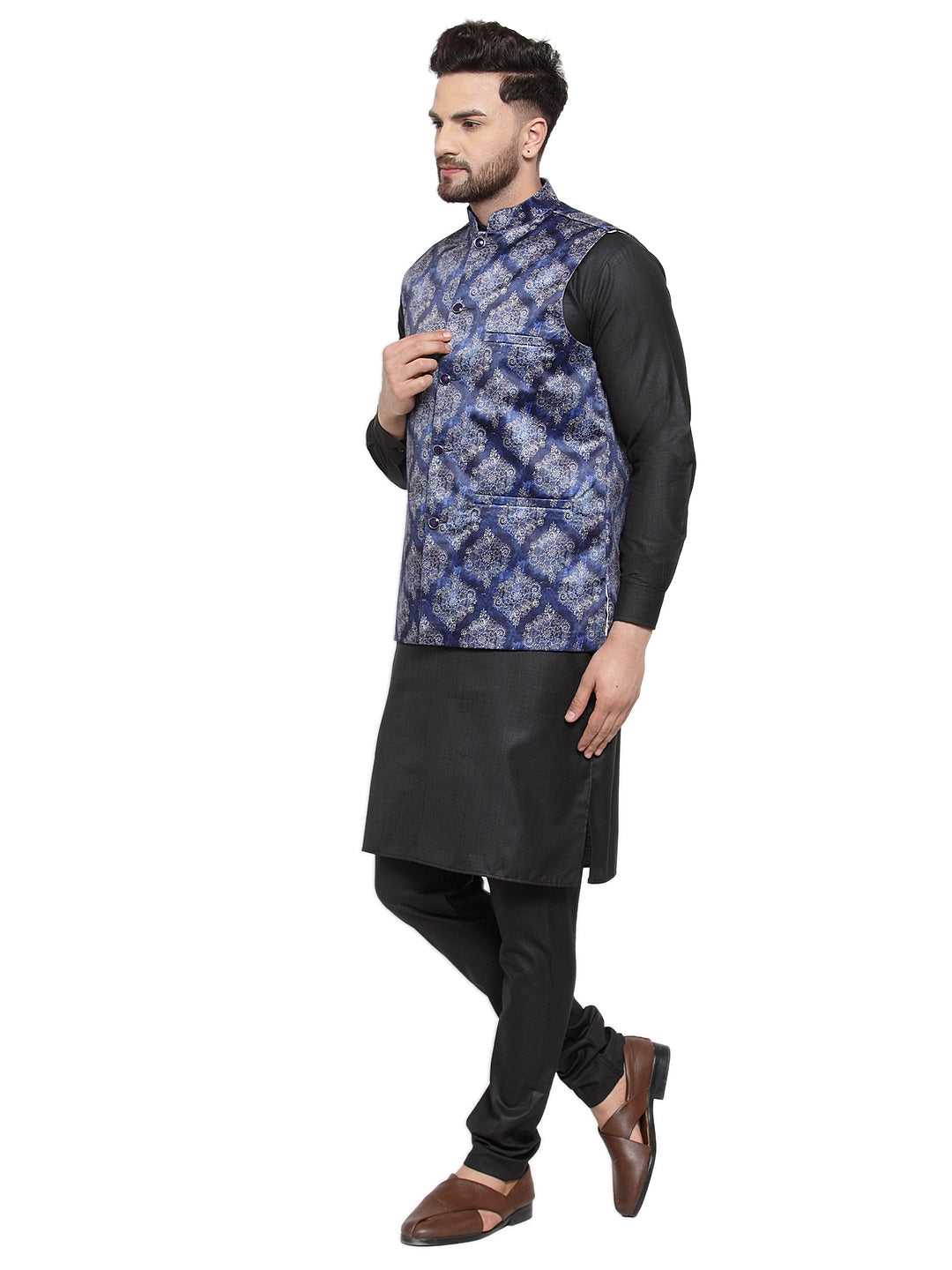 Jompers Men's Solid Cotton Kurta Pajama with Printed Waistcoat (Blue-B) | Grocsy