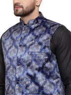 Jompers Men's Solid Cotton Kurta Pajama with Printed Waistcoat (Blue-B) | Grocsy