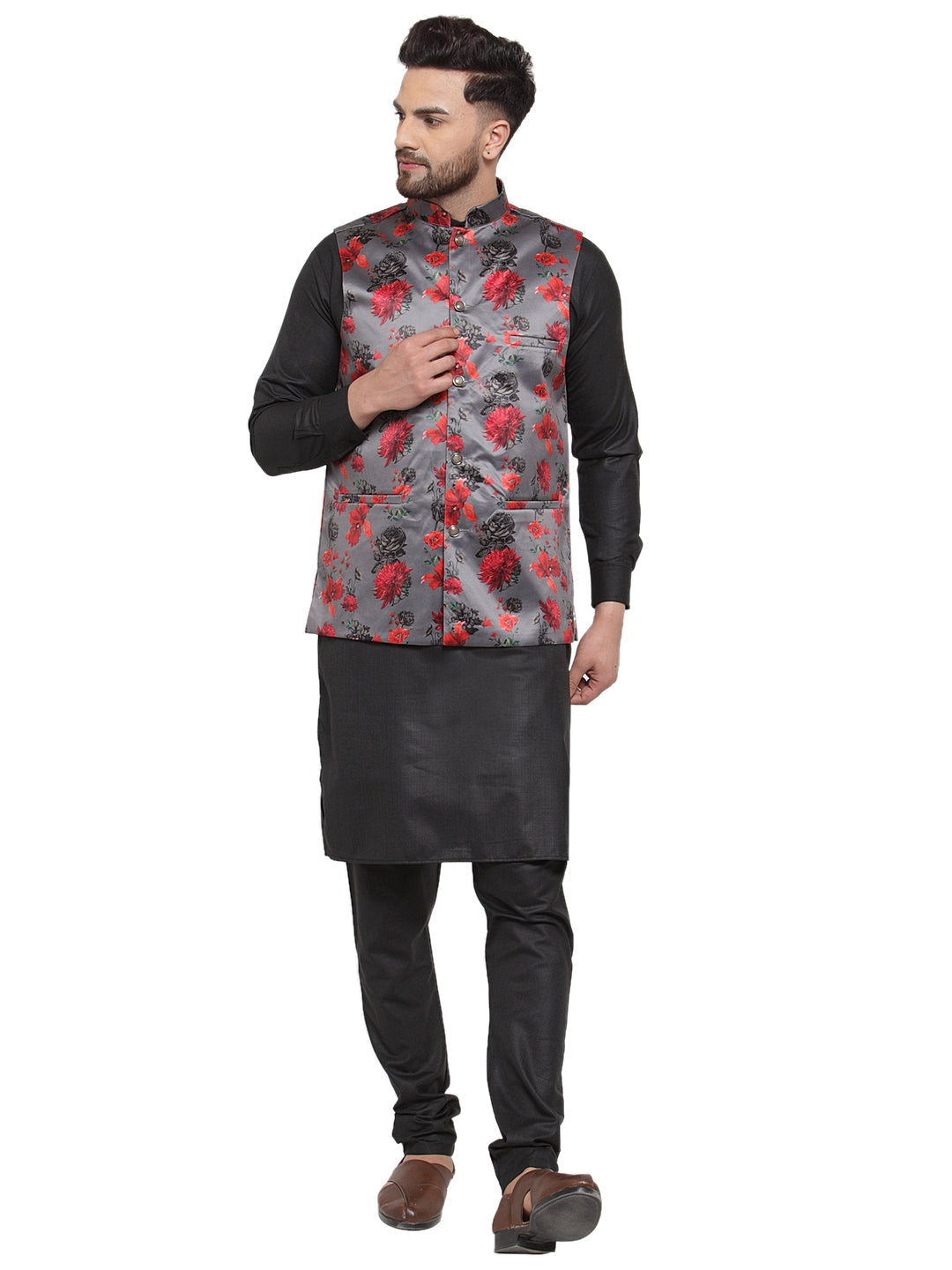 Jompers Men's Solid Cotton Kurta Pajama with Printed Waistcoat (Grey-B ) | Grocsy
