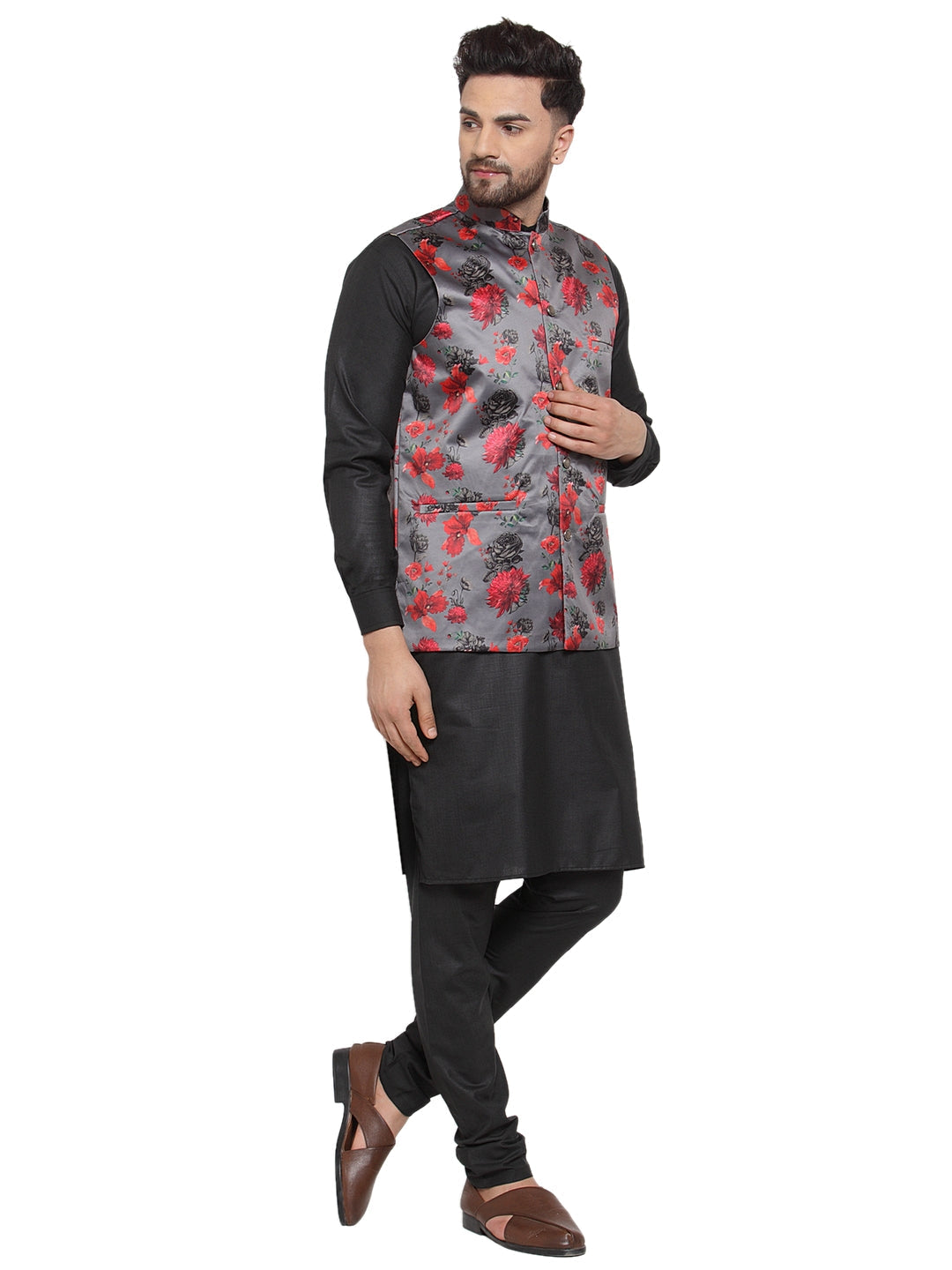Jompers Men's Solid Cotton Kurta Pajama with Printed Waistcoat (Grey-B ) | Grocsy
