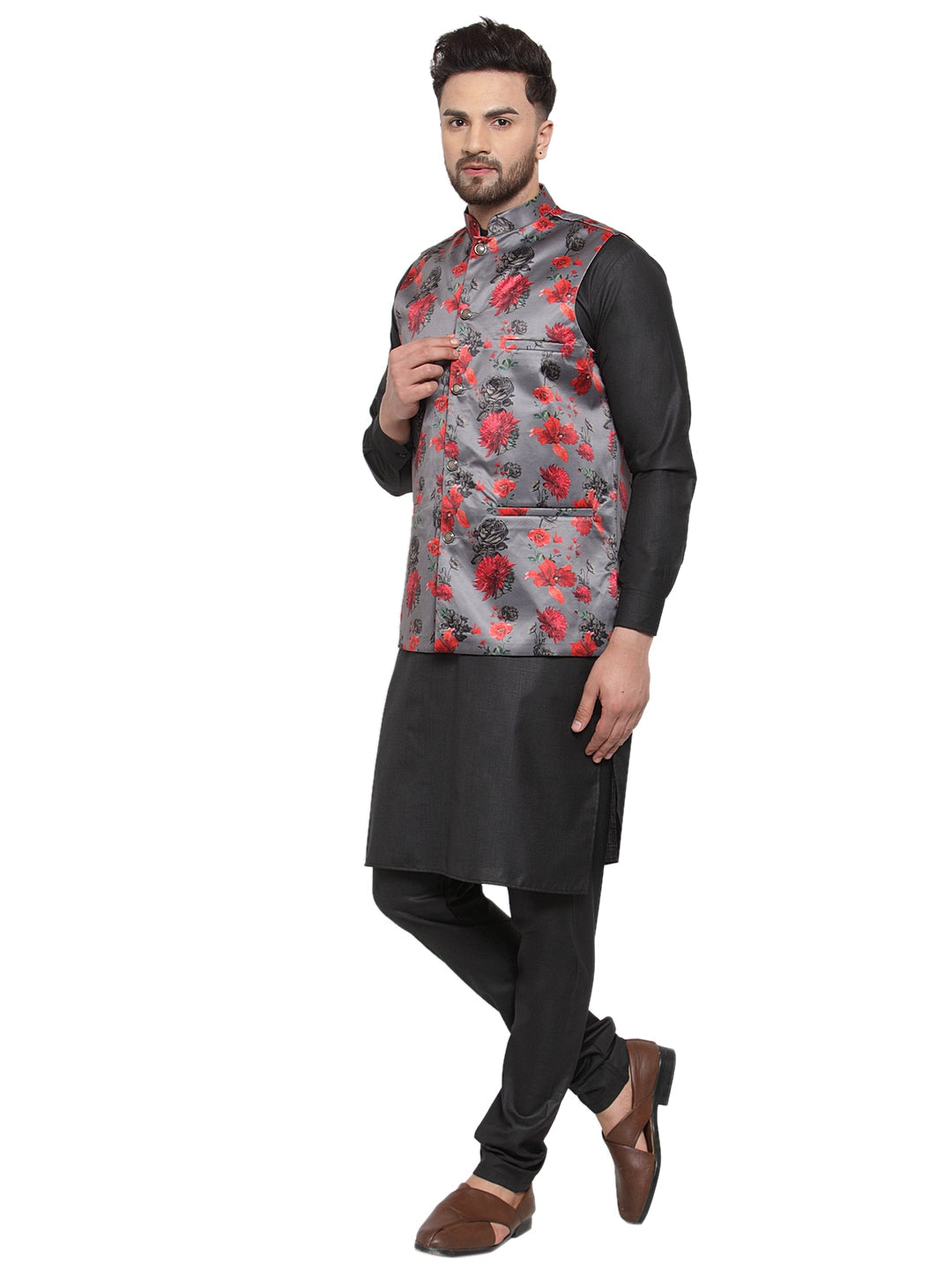 Jompers Men's Solid Cotton Kurta Pajama with Printed Waistcoat (Grey-B ) | Grocsy