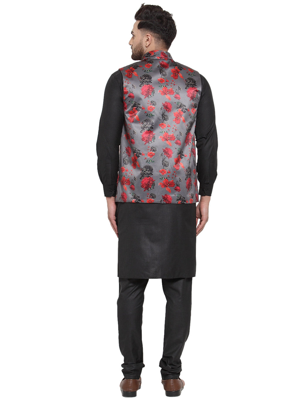 Jompers Men's Solid Cotton Kurta Pajama with Printed Waistcoat (Grey-B ) | Grocsy