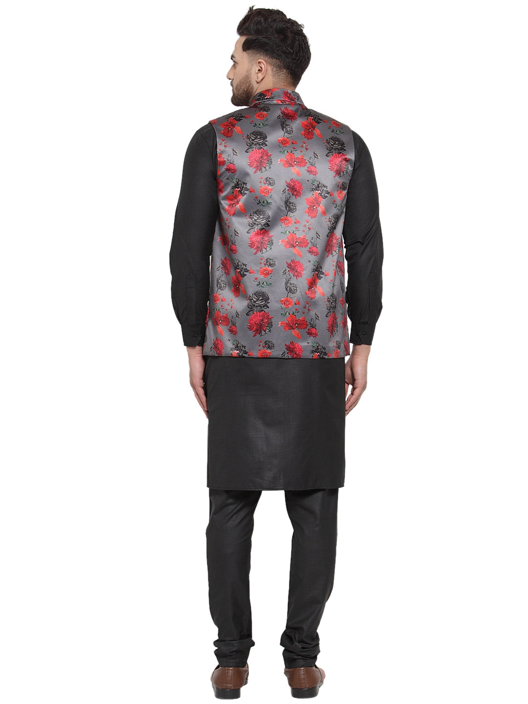 Jompers Men's Solid Cotton Kurta Pajama with Printed Waistcoat (Grey-B ) | Grocsy