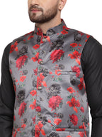 Jompers Men's Solid Cotton Kurta Pajama with Printed Waistcoat (Grey-B ) | Grocsy
