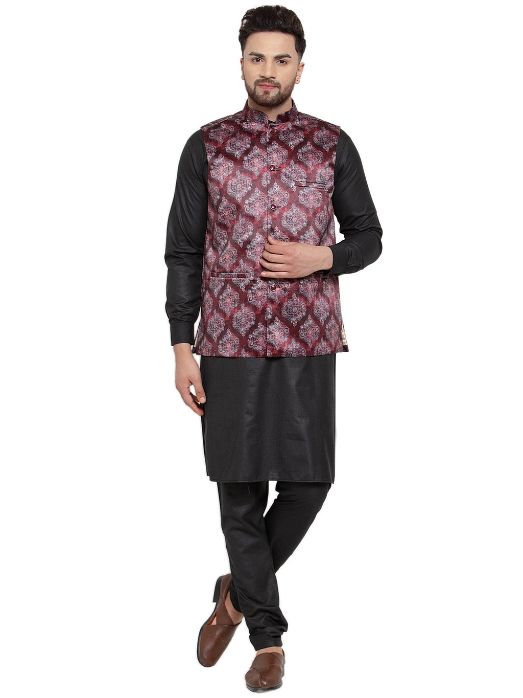 Jompers Men Solid Cotton Kurta Pajama with Printed Waistcoat (Maroon-B) | Grocsy