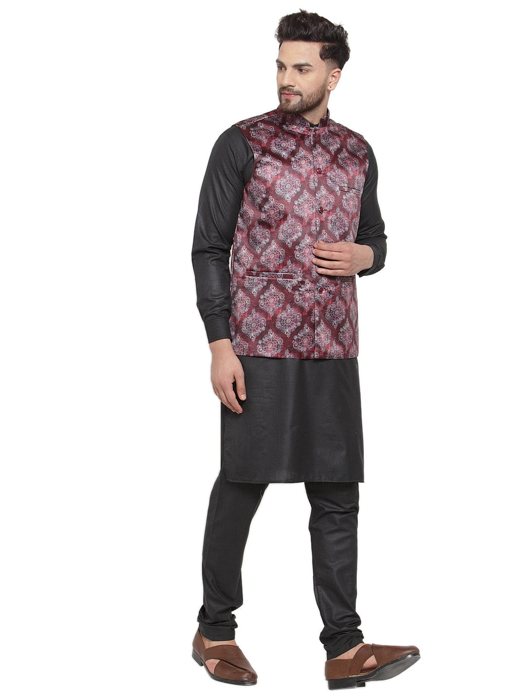 Jompers Men Solid Cotton Kurta Pajama with Printed Waistcoat (Maroon-B) | Grocsy