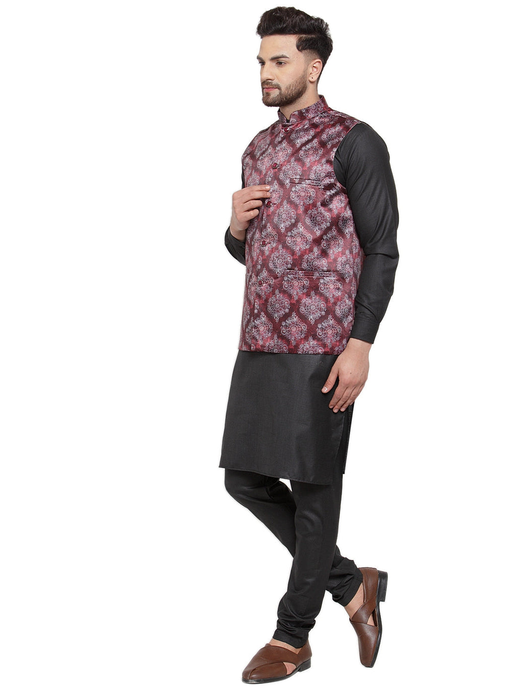 Jompers Men Solid Cotton Kurta Pajama with Printed Waistcoat (Maroon-B) | Grocsy
