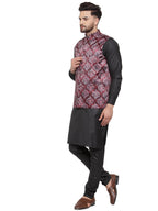 Jompers Men Solid Cotton Kurta Pajama with Printed Waistcoat (Maroon-B) | Grocsy