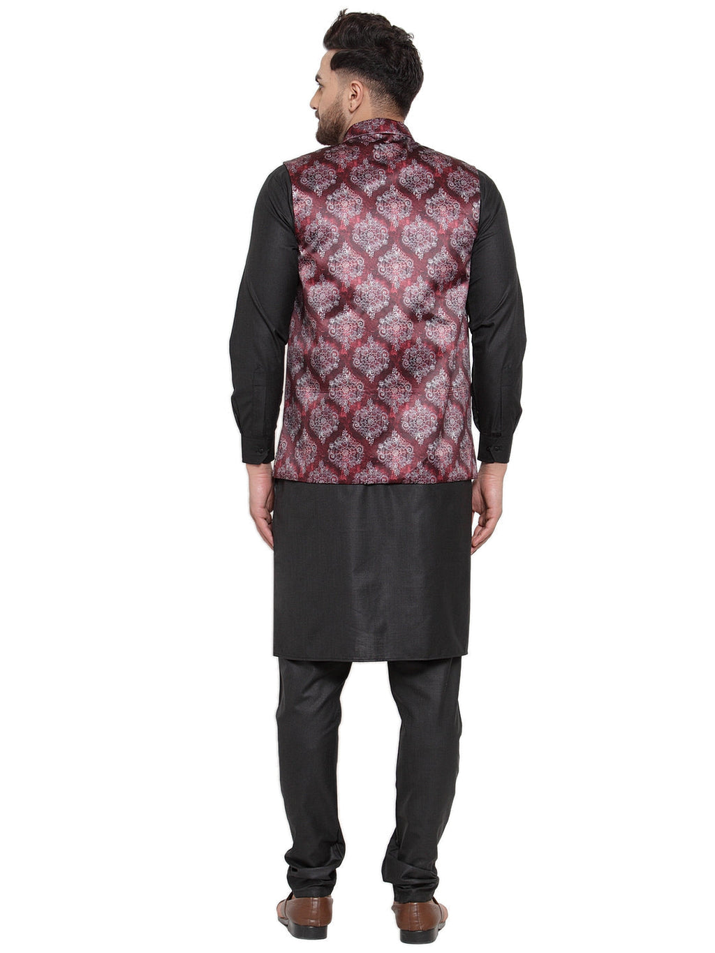 Jompers Men Solid Cotton Kurta Pajama with Printed Waistcoat (Maroon-B) | Grocsy