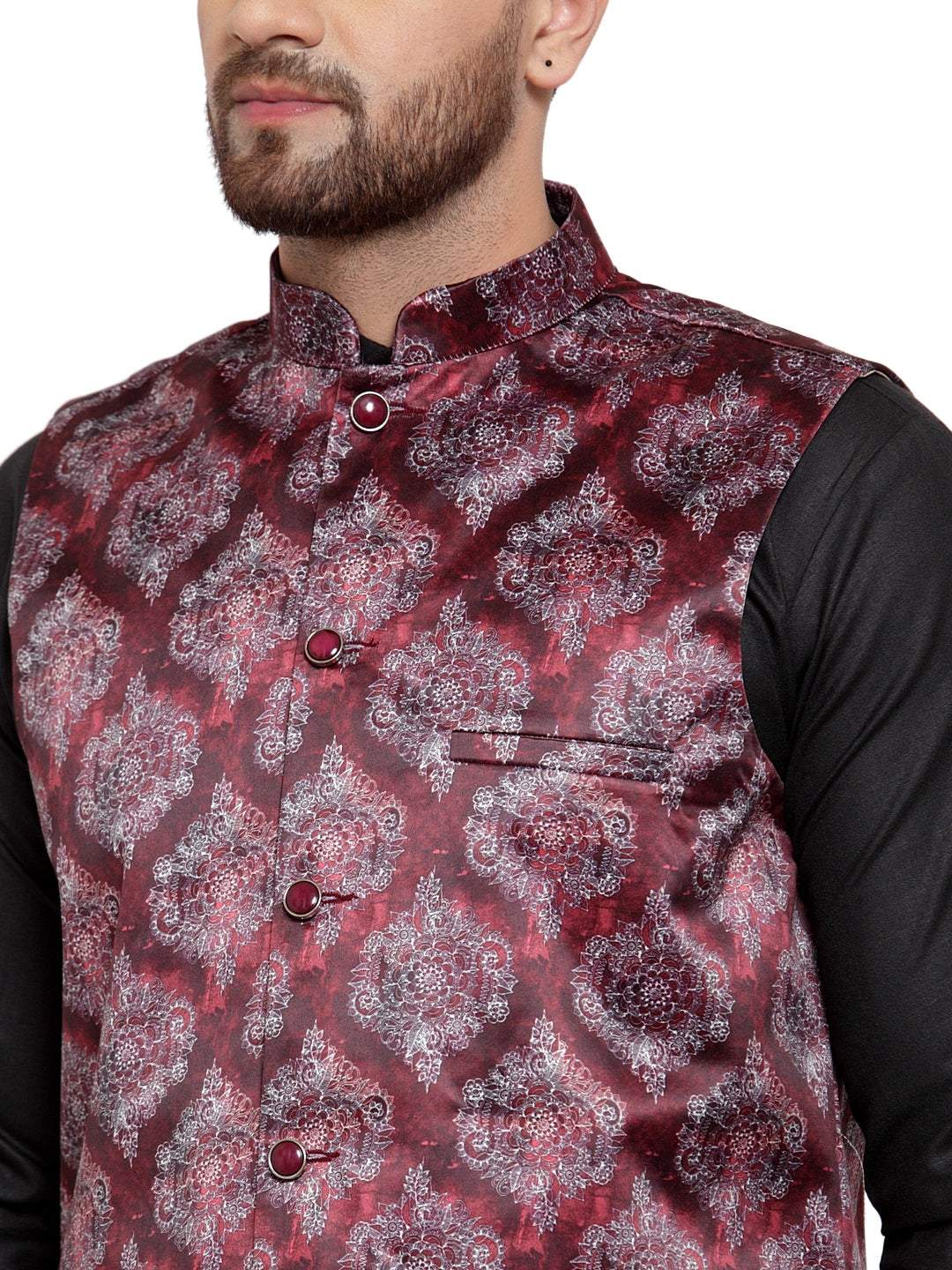 Jompers Men Solid Cotton Kurta Pajama with Printed Waistcoat (Maroon-B) | Grocsy