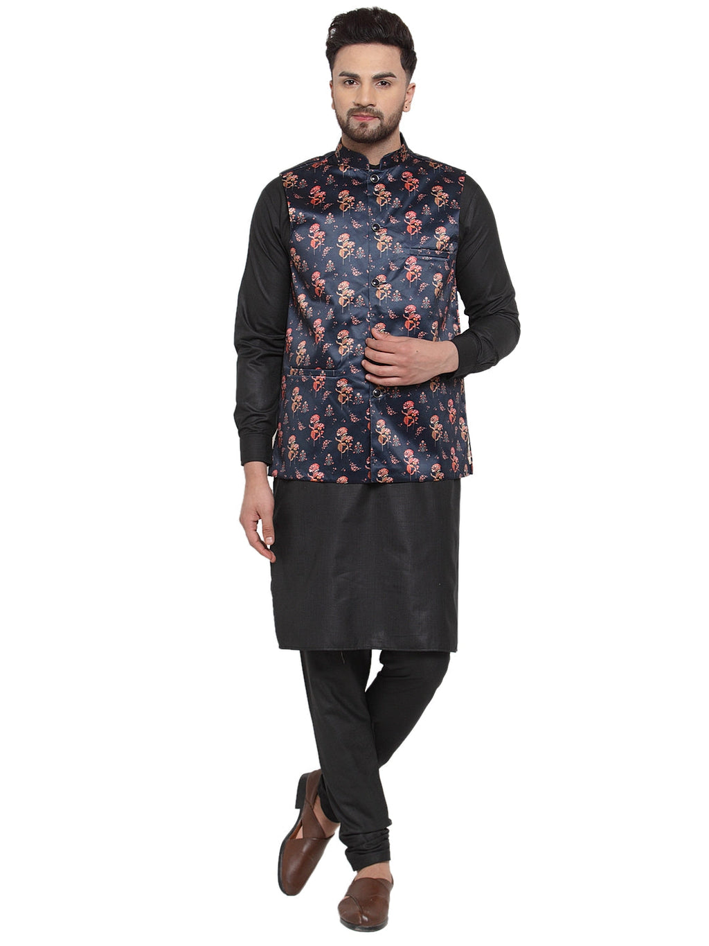 Jompers Men's Solid Cotton Kurta Pajama with Printed Waistcoat (Navy-B) | Grocsy