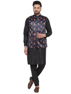 Jompers Men's Solid Cotton Kurta Pajama with Printed Waistcoat (Navy-B) | Grocsy