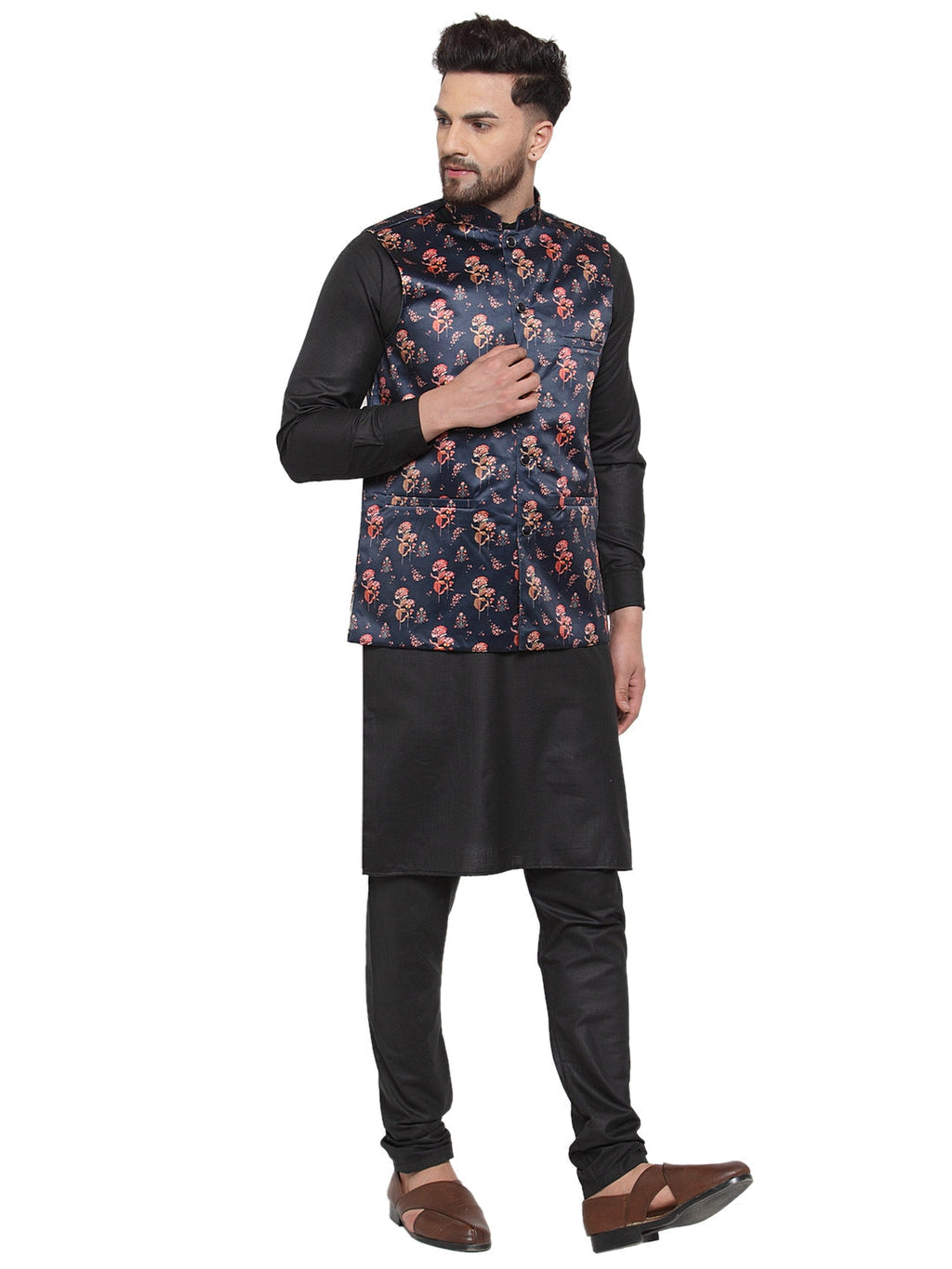 Jompers Men's Solid Cotton Kurta Pajama with Printed Waistcoat (Navy-B) | Grocsy