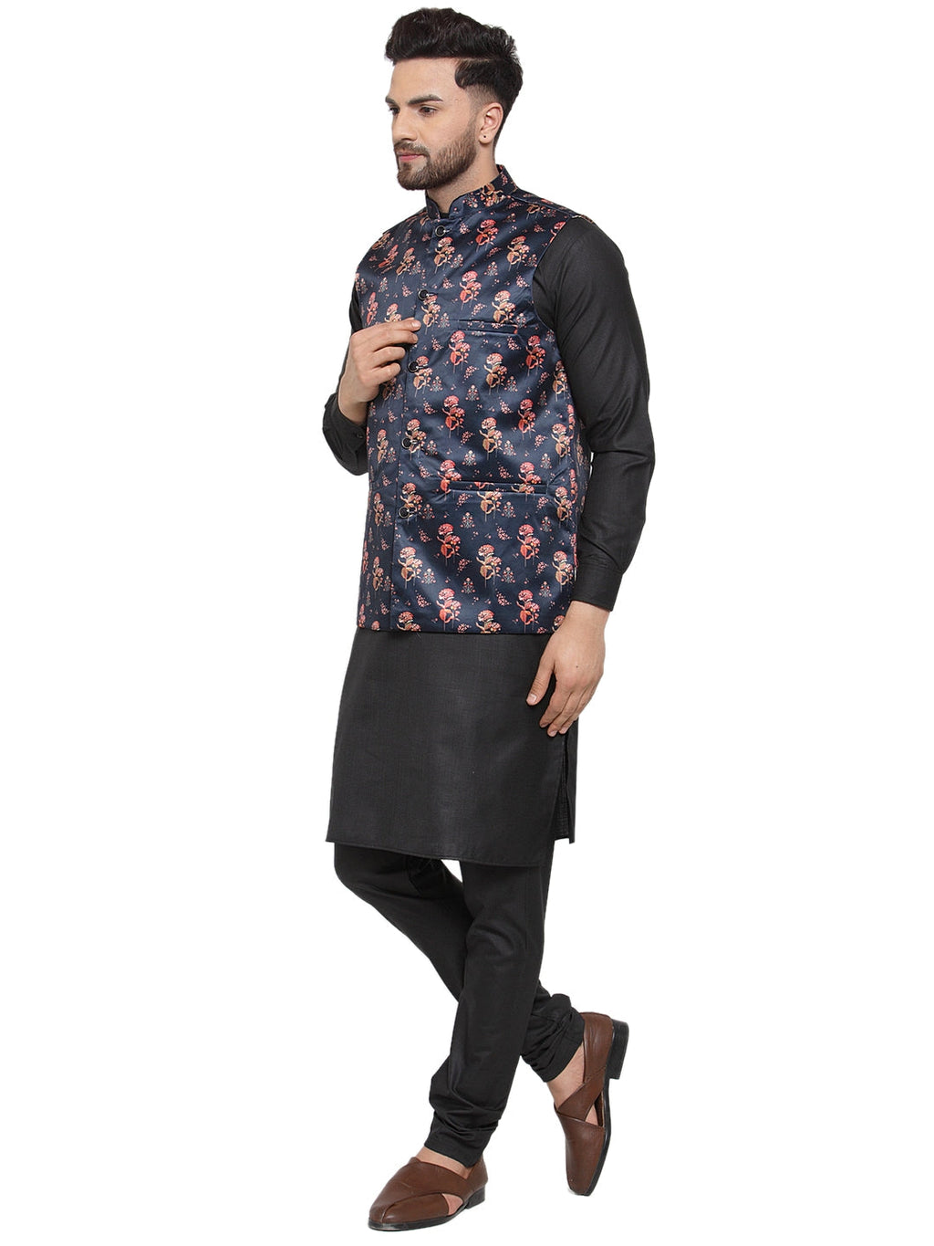 Jompers Men's Solid Cotton Kurta Pajama with Printed Waistcoat (Navy-B) | Grocsy