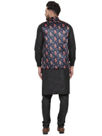 Jompers Men's Solid Cotton Kurta Pajama with Printed Waistcoat (Navy-B) | Grocsy