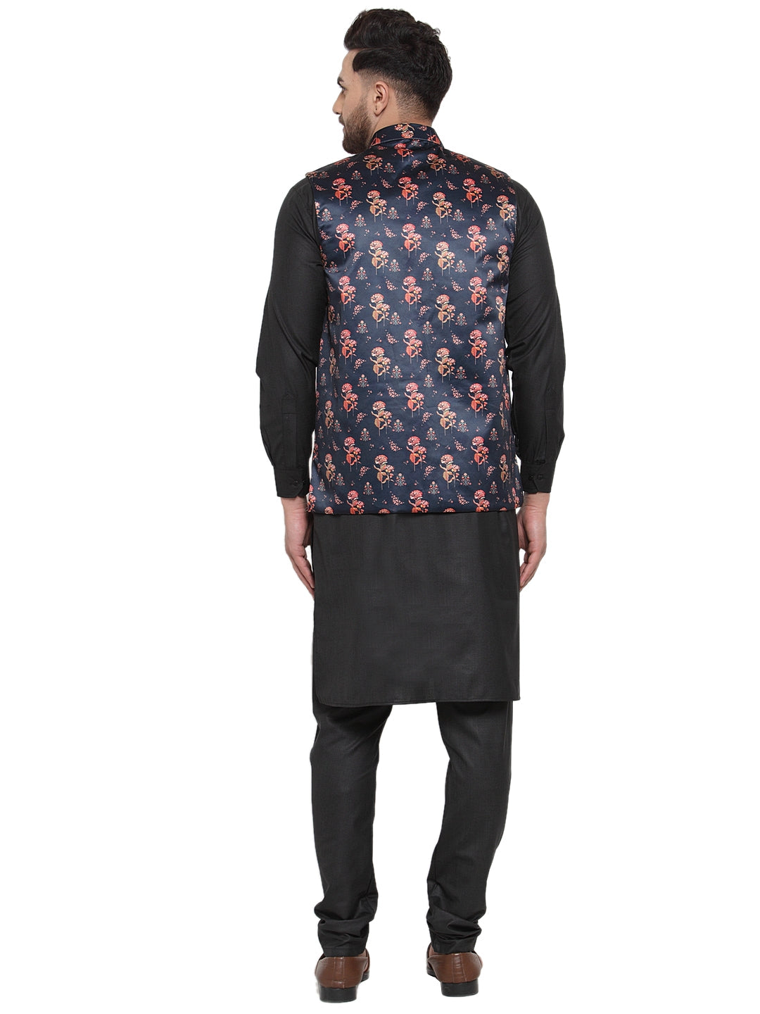 Jompers Men's Solid Cotton Kurta Pajama with Printed Waistcoat (Navy-B) | Grocsy