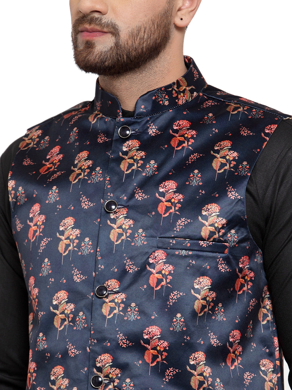 Jompers Men's Solid Cotton Kurta Pajama with Printed Waistcoat (Navy-B) | Grocsy