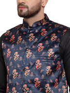 Jompers Men's Solid Cotton Kurta Pajama with Printed Waistcoat (Navy-B) | Grocsy
