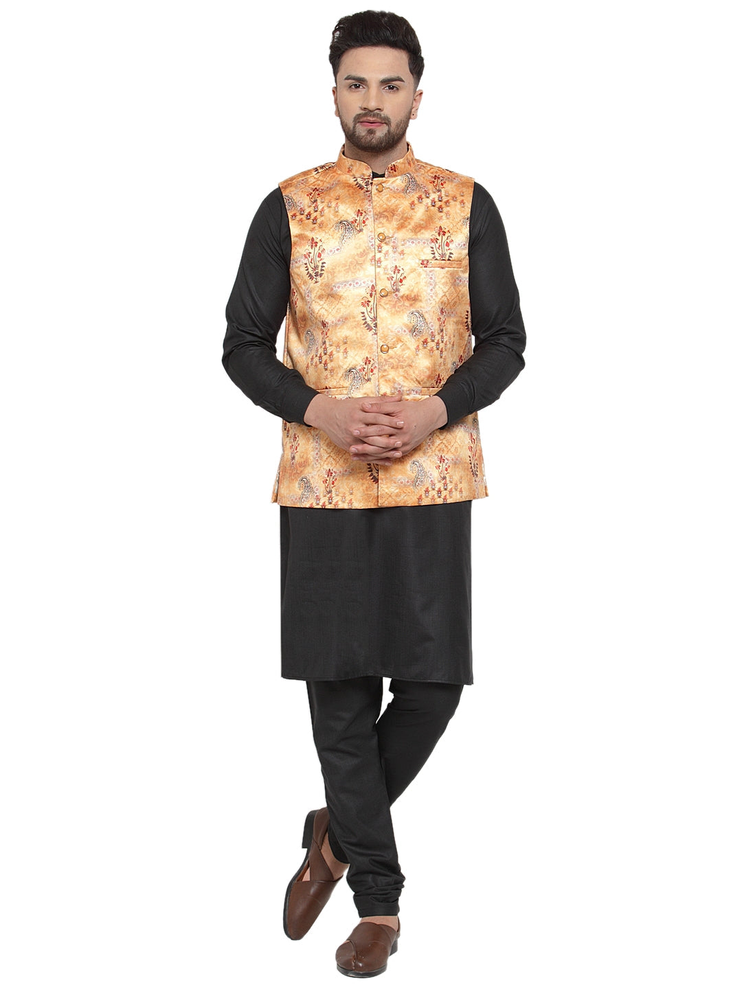 Jompers Men's Solid Cotton Kurta Pajama with Printed Waistcoat (Orange-B) | Grocsy