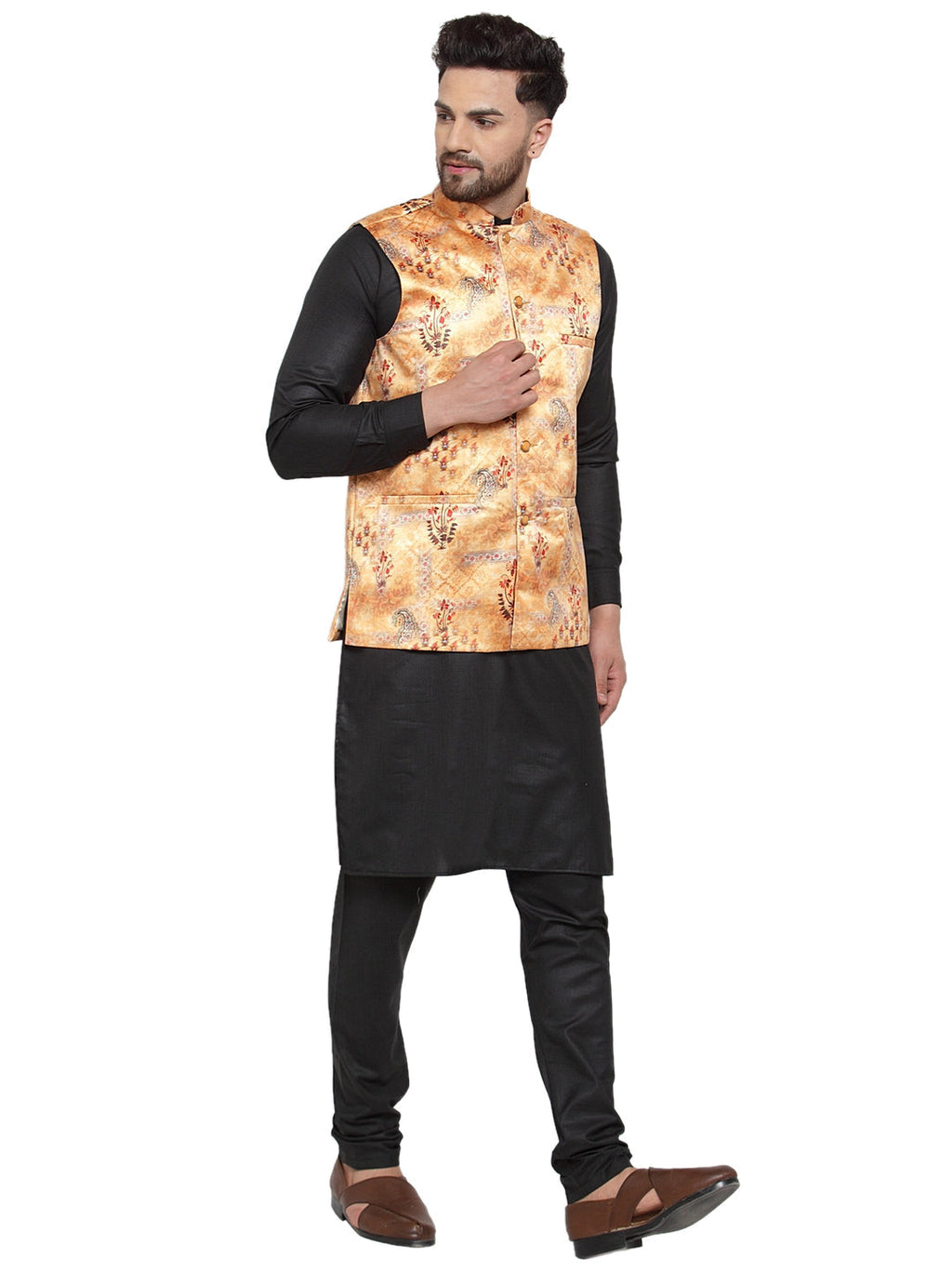 Jompers Men's Solid Cotton Kurta Pajama with Printed Waistcoat (Orange-B) | Grocsy
