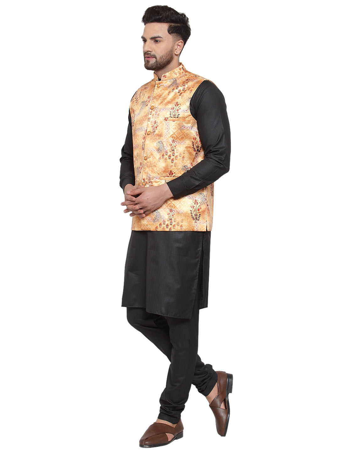 Jompers Men's Solid Cotton Kurta Pajama with Printed Waistcoat (Orange-B) | Grocsy