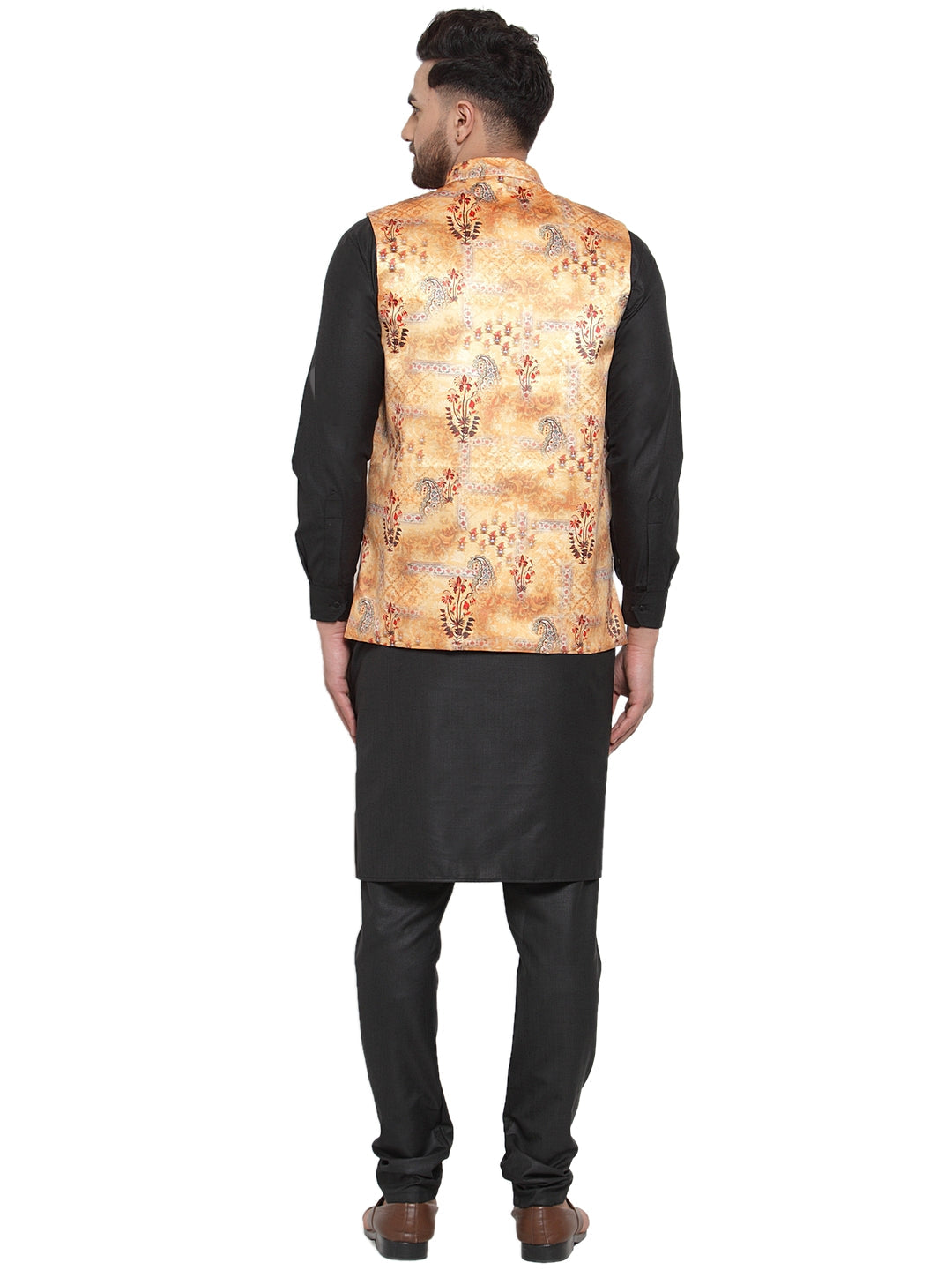 Jompers Men's Solid Cotton Kurta Pajama with Printed Waistcoat (Orange-B) | Grocsy