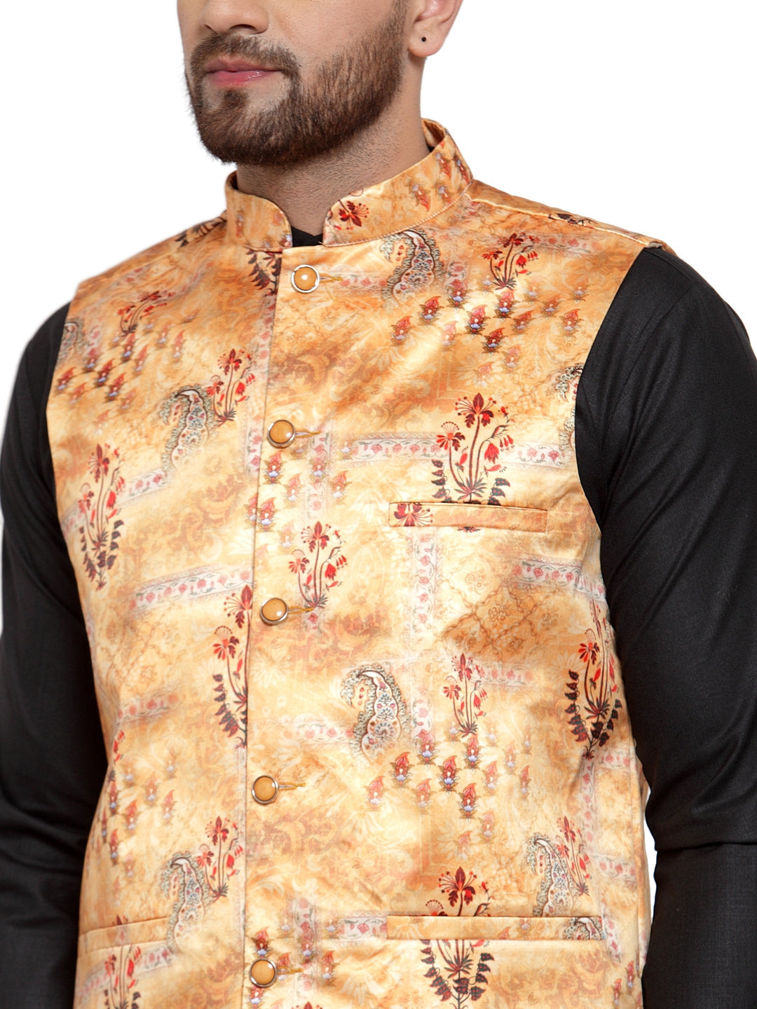 Jompers Men's Solid Cotton Kurta Pajama with Printed Waistcoat (Orange-B) | Grocsy