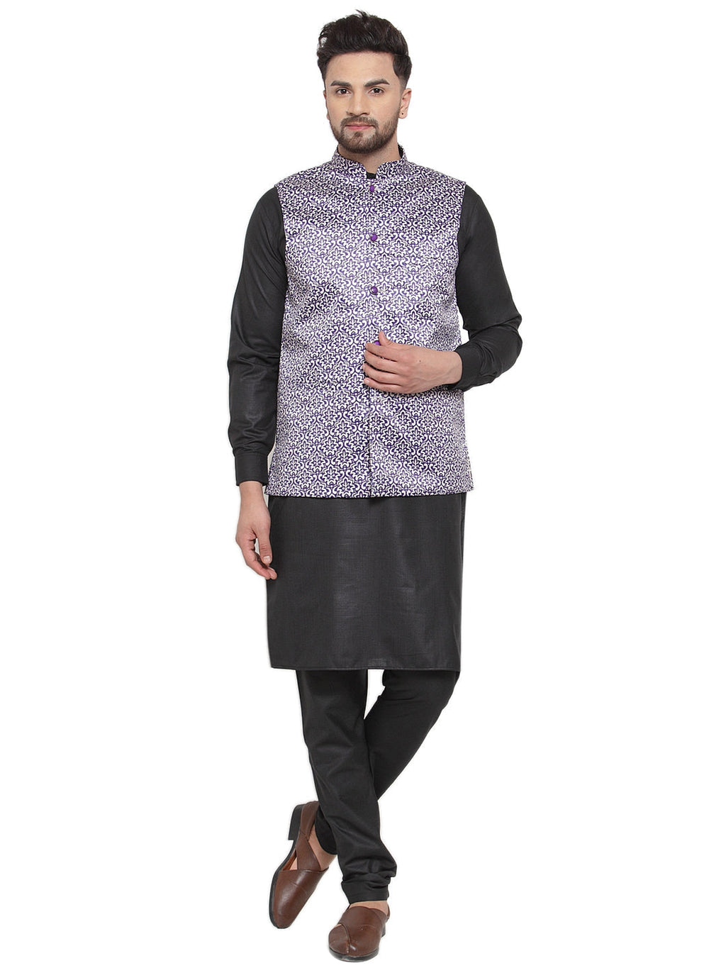 Jompers Men's Solid Cotton Kurta Pajama with Printed Waistcoat (Purple-B) | Grocsy