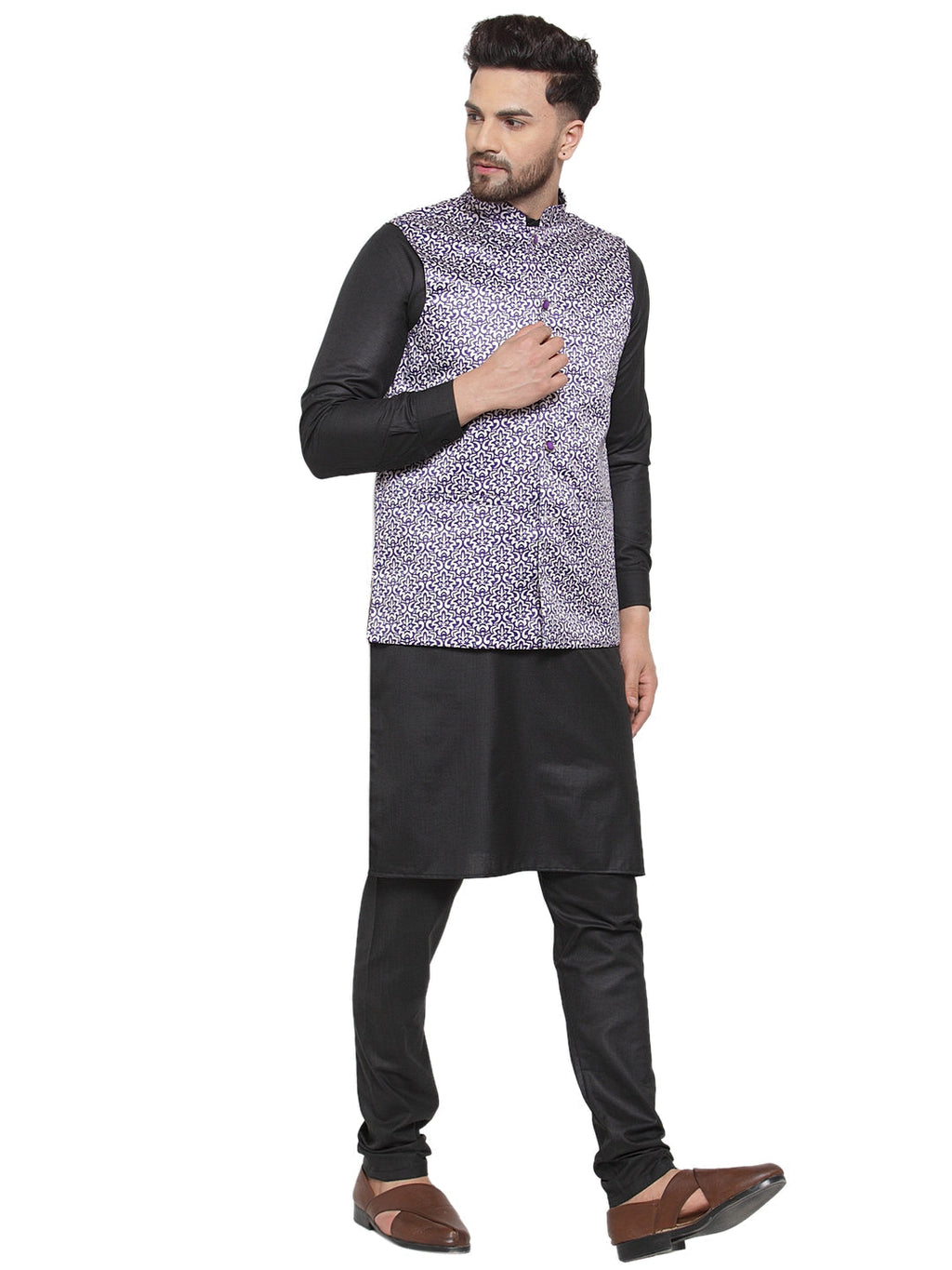 Jompers Men's Solid Cotton Kurta Pajama with Printed Waistcoat (Purple-B) | Grocsy