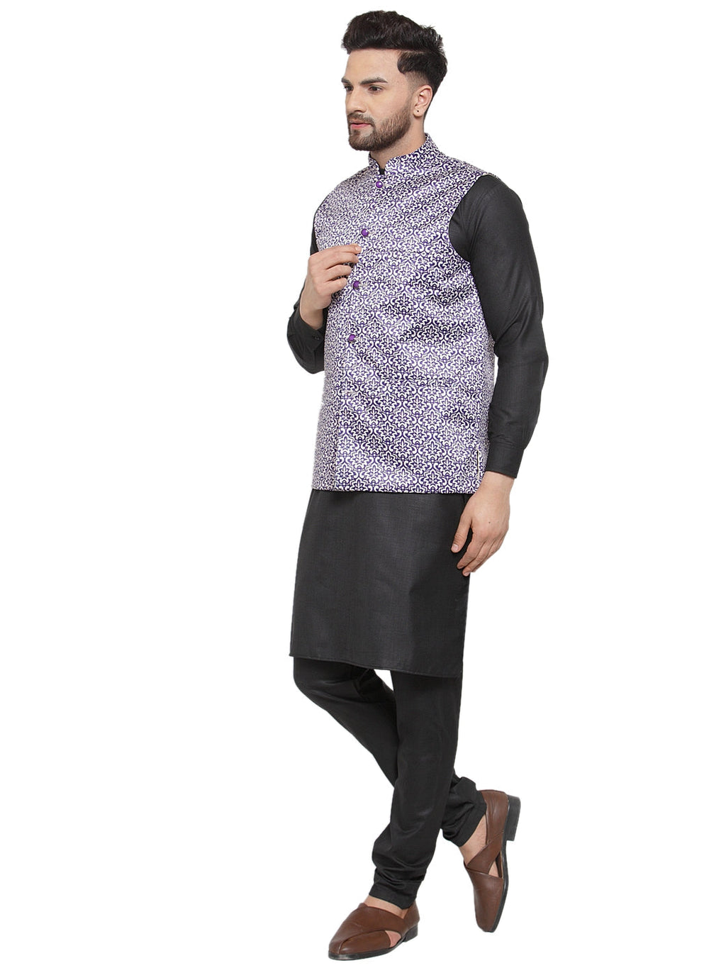 Jompers Men's Solid Cotton Kurta Pajama with Printed Waistcoat (Purple-B) | Grocsy