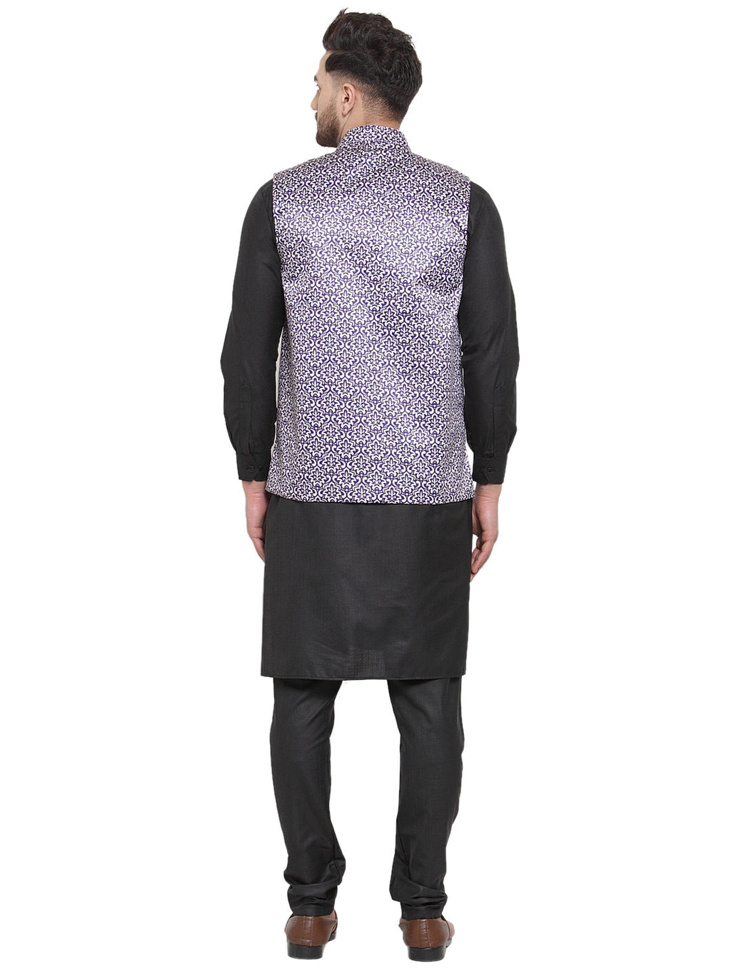 Jompers Men's Solid Cotton Kurta Pajama with Printed Waistcoat (Purple-B) | Grocsy
