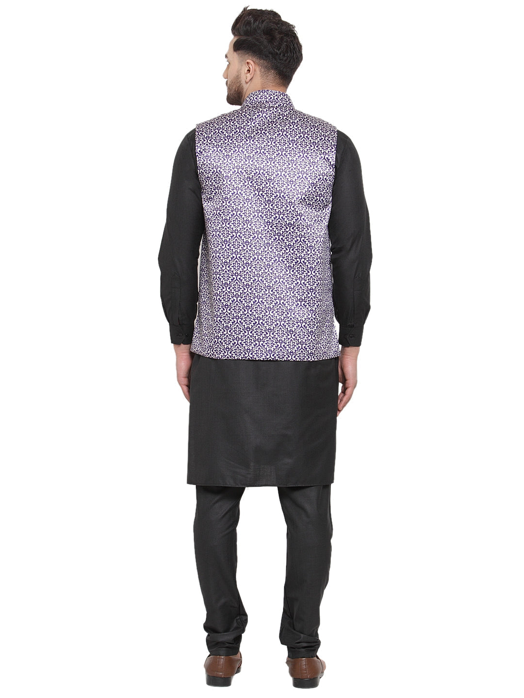 Jompers Men's Solid Cotton Kurta Pajama with Printed Waistcoat (Purple-B) | Grocsy
