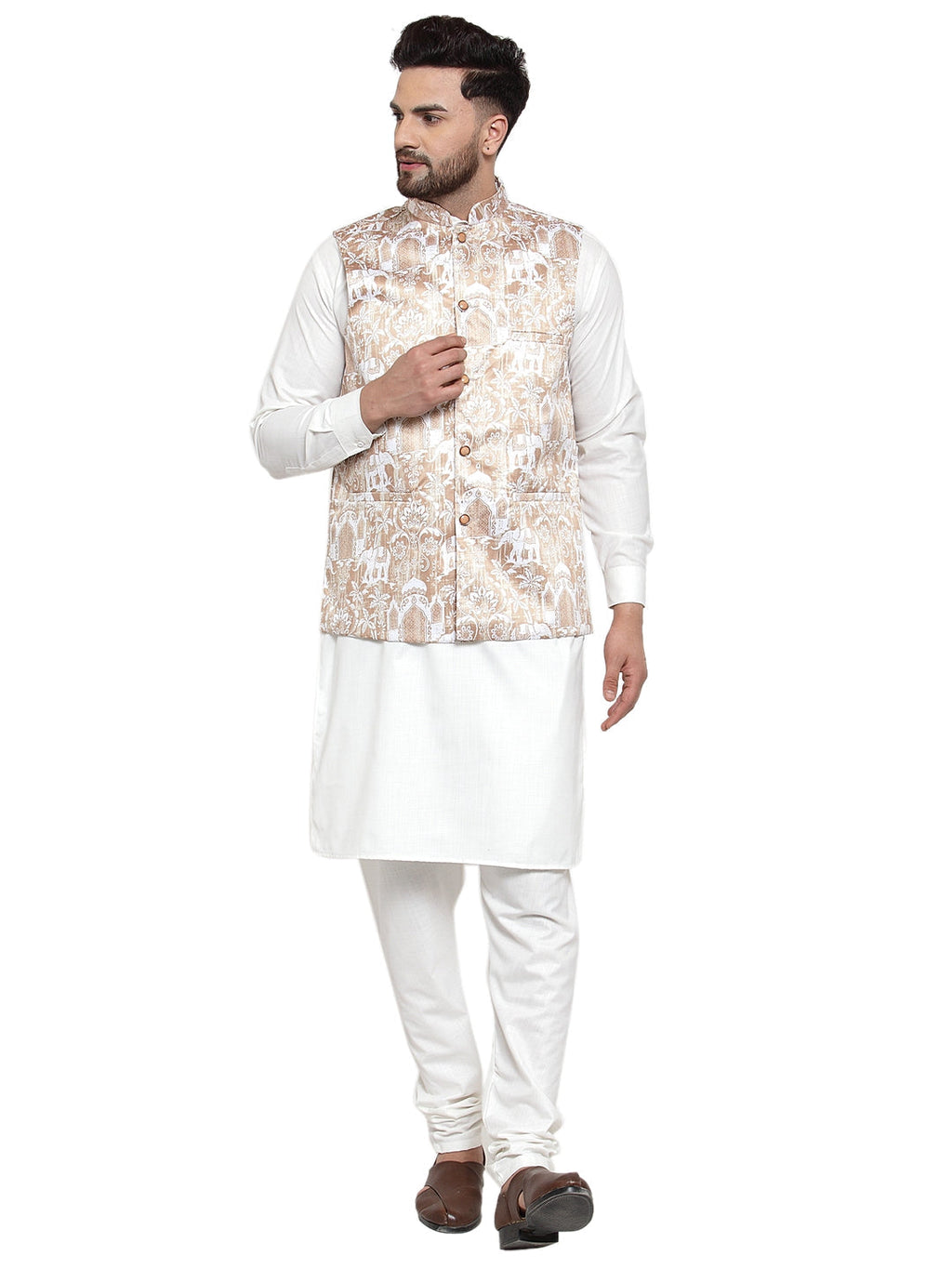 Jompers Men's Solid Cotton Kurta Pajama with Printed Waistcoat (Beige-W) | Grocsy