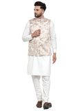 Jompers Men's Solid Cotton Kurta Pajama with Printed Waistcoat (Beige-W) | Grocsy