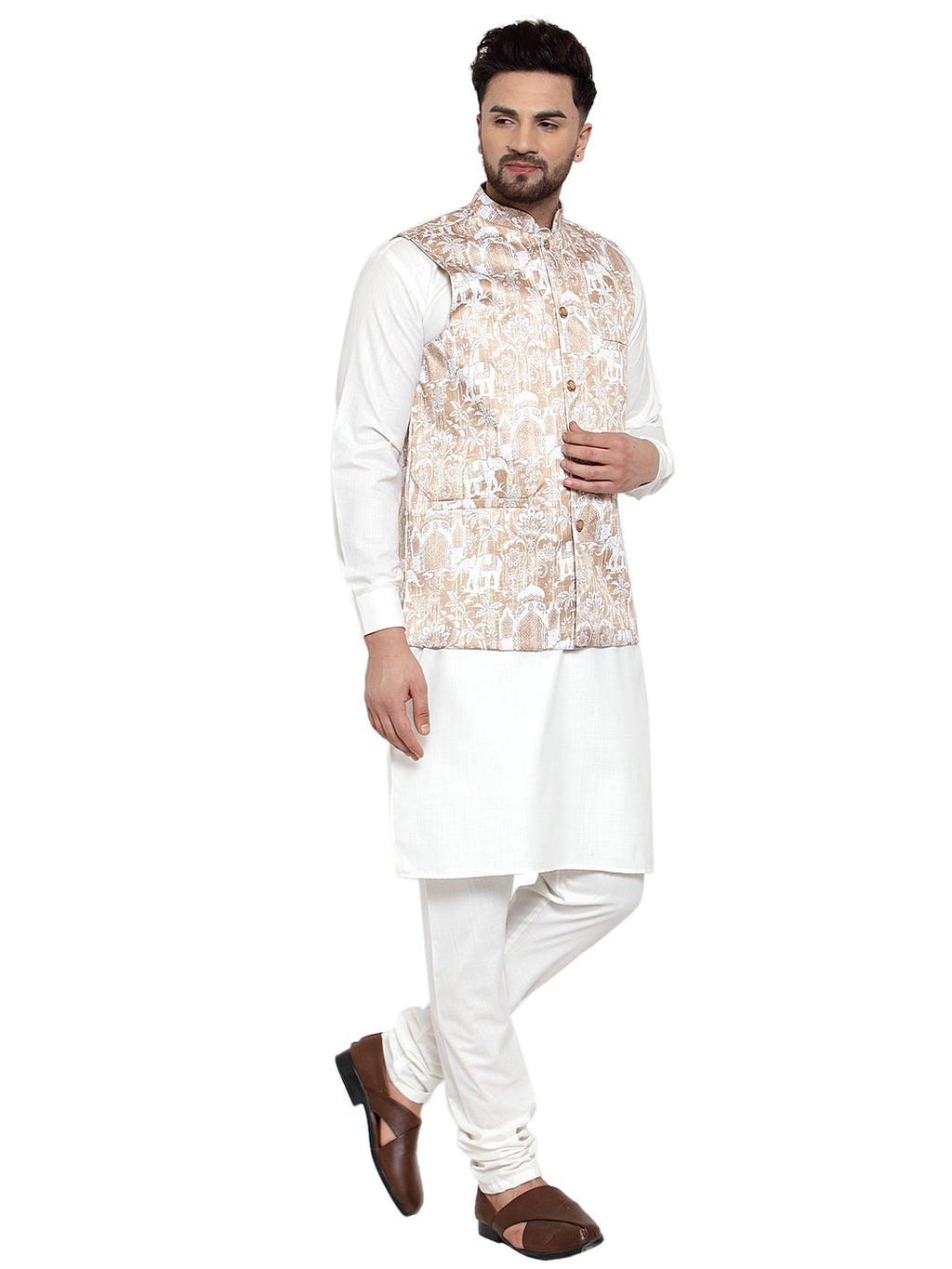 Jompers Men's Solid Cotton Kurta Pajama with Printed Waistcoat (Beige-W) | Grocsy