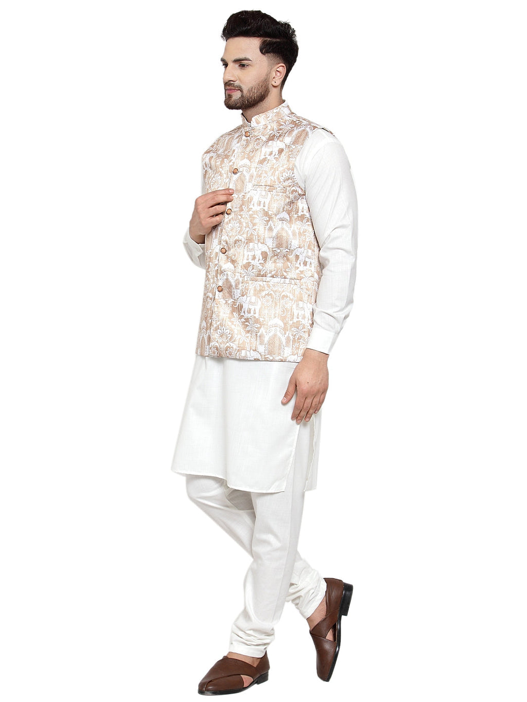 Jompers Men's Solid Cotton Kurta Pajama with Printed Waistcoat (Beige-W) | Grocsy