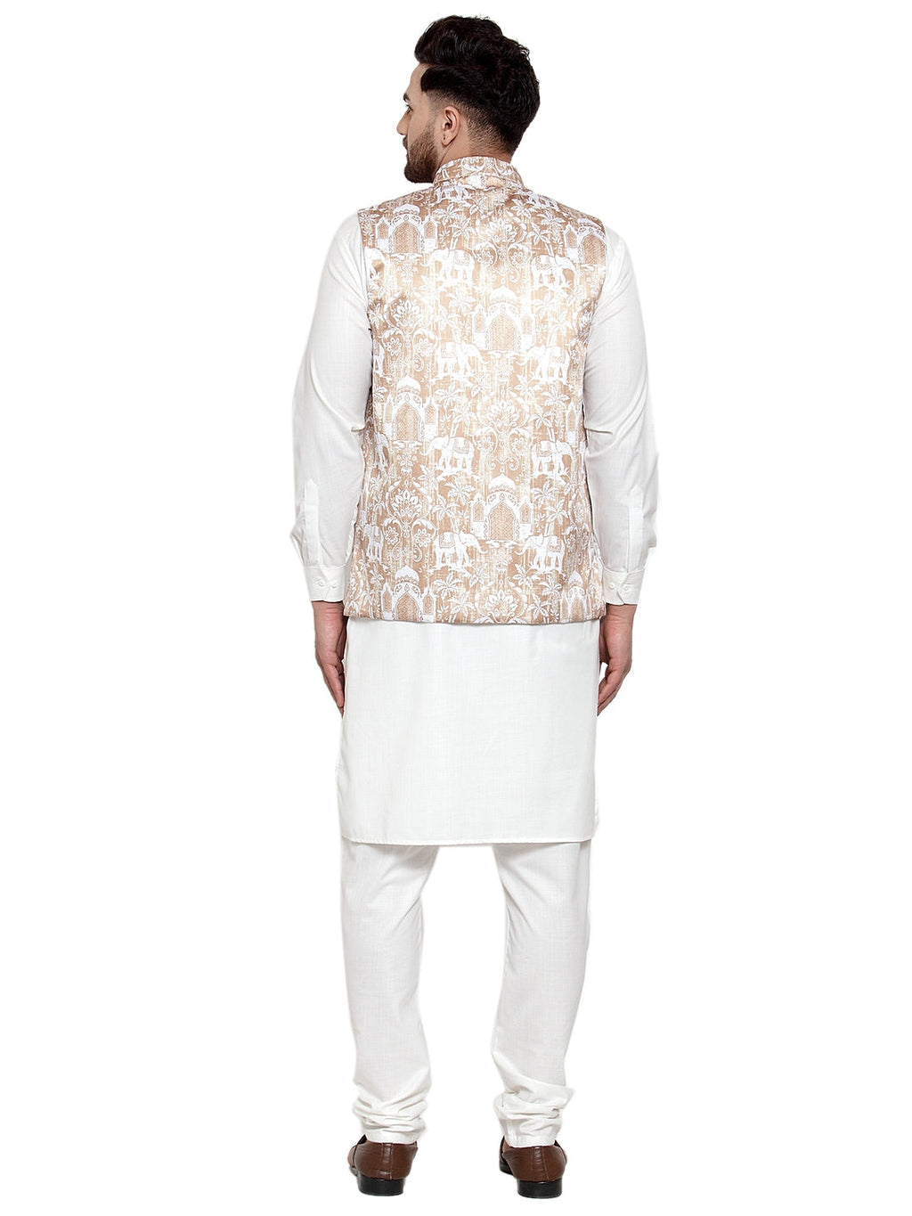 Jompers Men's Solid Cotton Kurta Pajama with Printed Waistcoat (Beige-W) | Grocsy