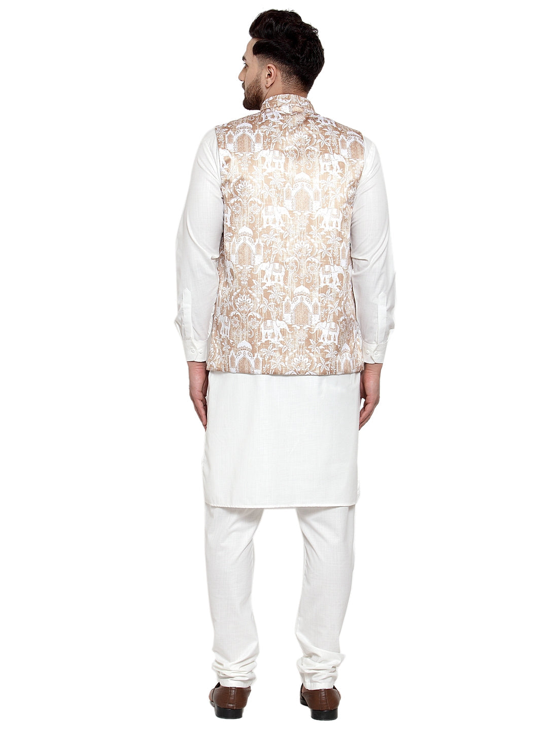 Jompers Men's Solid Cotton Kurta Pajama with Printed Waistcoat (Beige-W) | Grocsy