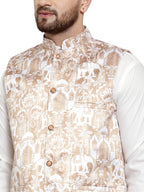 Jompers Men's Solid Cotton Kurta Pajama with Printed Waistcoat (Beige-W) | Grocsy