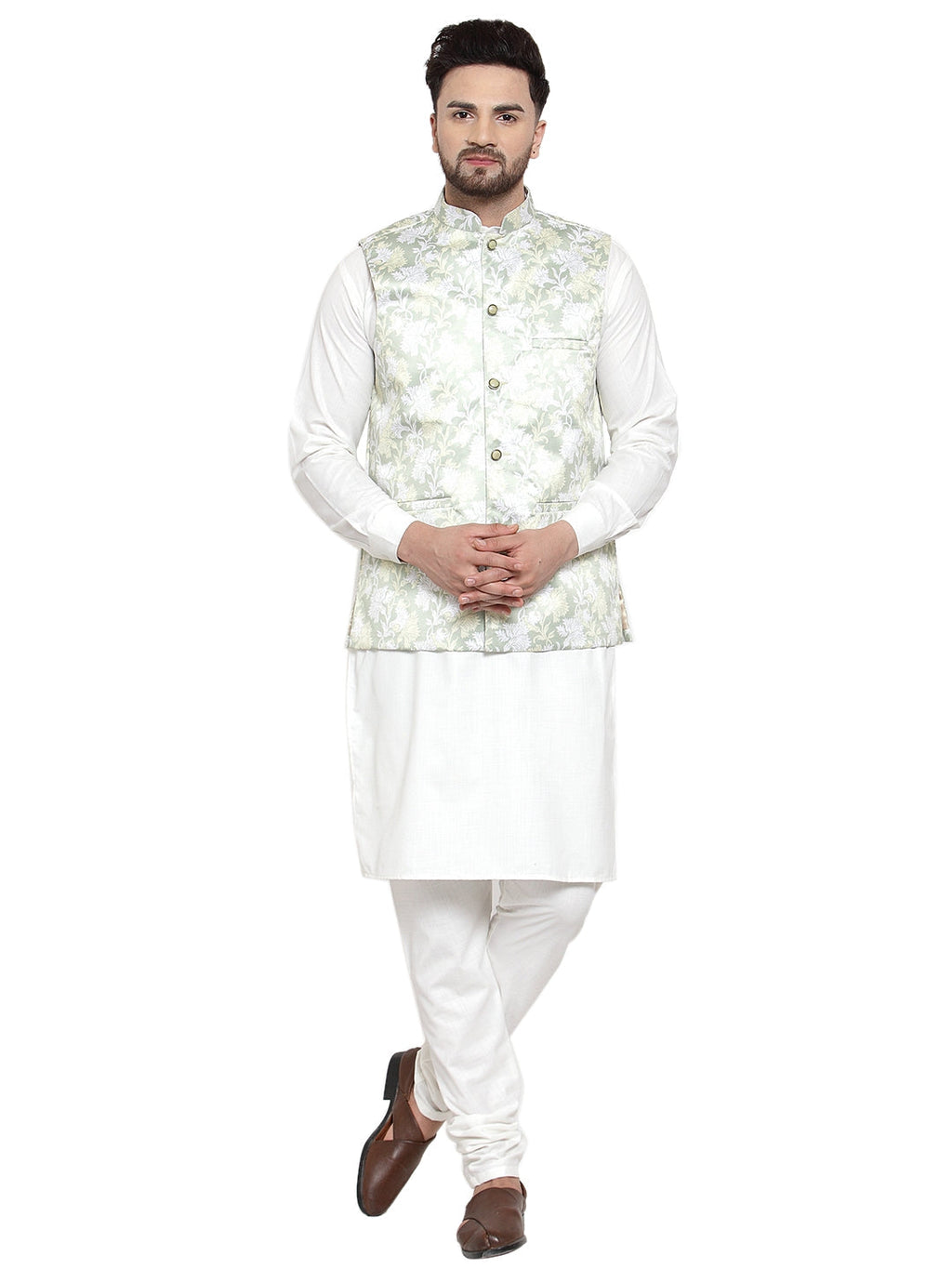 Jompers Men's Solid Cotton Kurta Pajama with Printed Waistcoat (Lime-W) | Grocsy