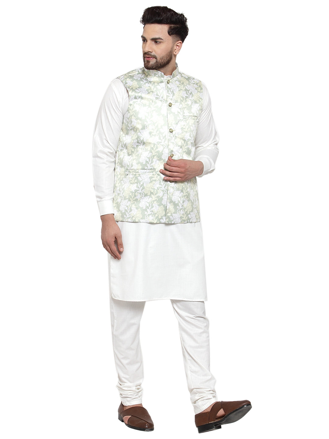 Jompers Men's Solid Cotton Kurta Pajama with Printed Waistcoat (Lime-W) | Grocsy