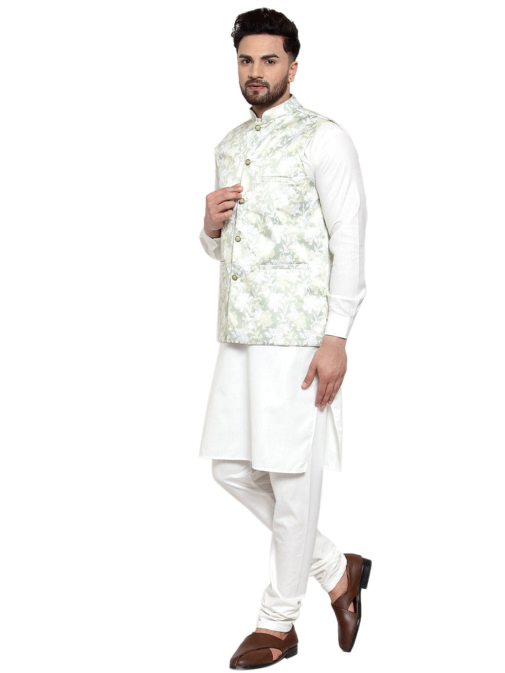 Jompers Men's Solid Cotton Kurta Pajama with Printed Waistcoat (Lime-W) | Grocsy
