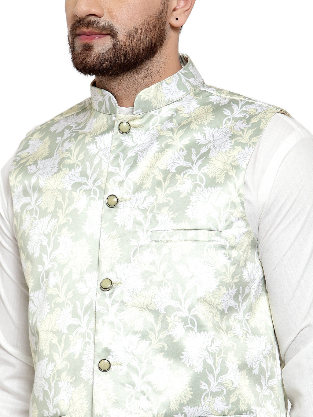 Jompers Men's Solid Cotton Kurta Pajama with Printed Waistcoat (Lime-W) | Grocsy