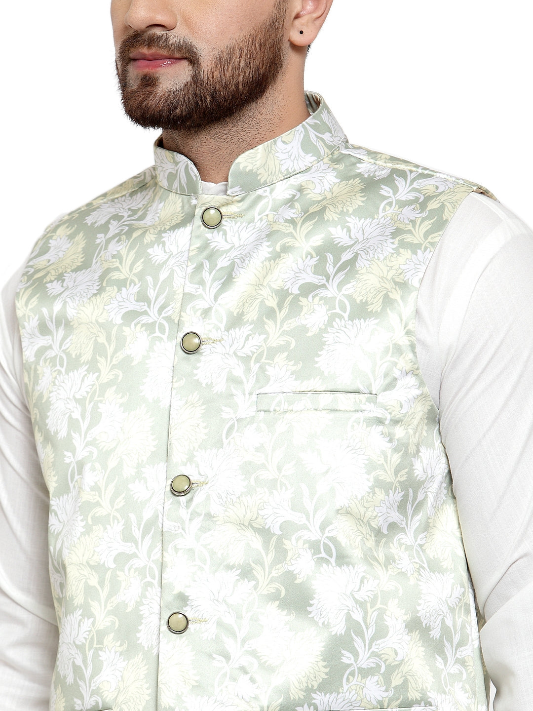 Jompers Men's Solid Cotton Kurta Pajama with Printed Waistcoat (Lime-W) | Grocsy