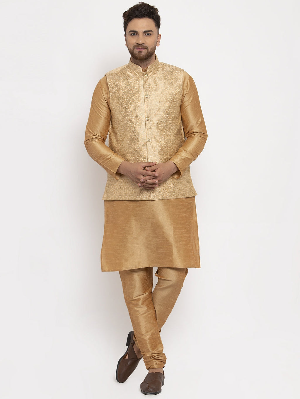 Jompers Men's Solid Dupion Kurta Pajama with Woven Jacqaurd Waistcoat (Golden-G) | Grocsy