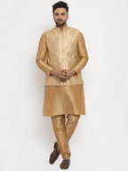 Jompers Men's Solid Dupion Kurta Pajama with Woven Jacqaurd Waistcoat (Golden-G) | Grocsy