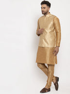 Jompers Men's Solid Dupion Kurta Pajama with Woven Jacqaurd Waistcoat (Golden-G) | Grocsy