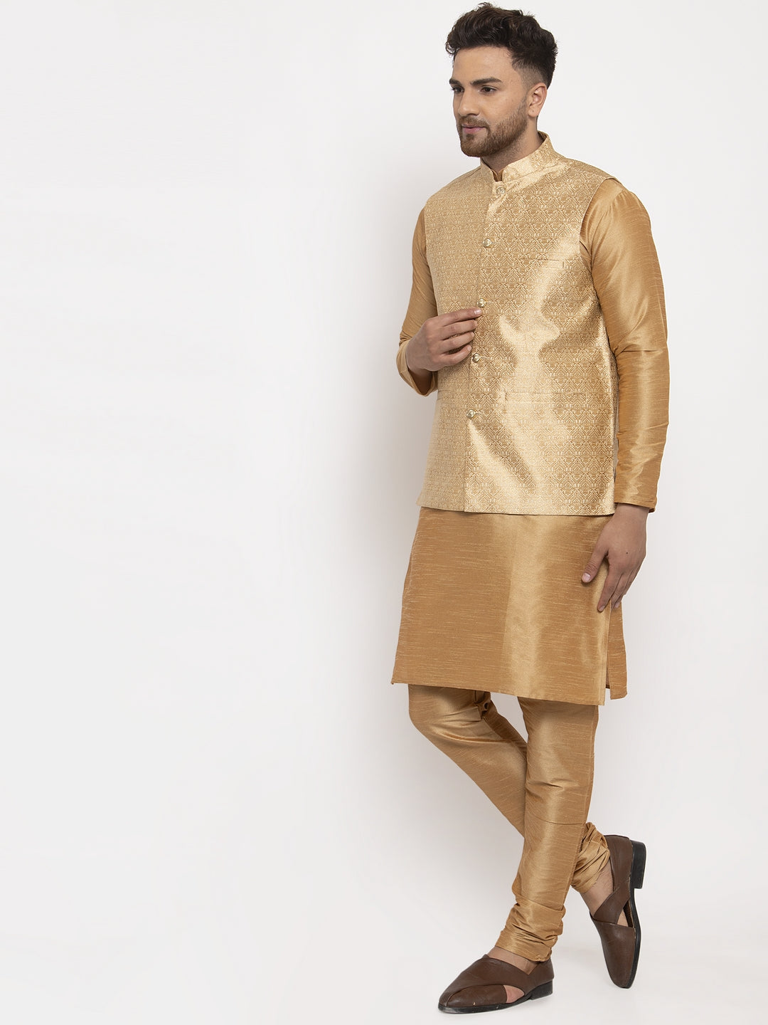 Jompers Men's Solid Dupion Kurta Pajama with Woven Jacqaurd Waistcoat (Golden-G) | Grocsy